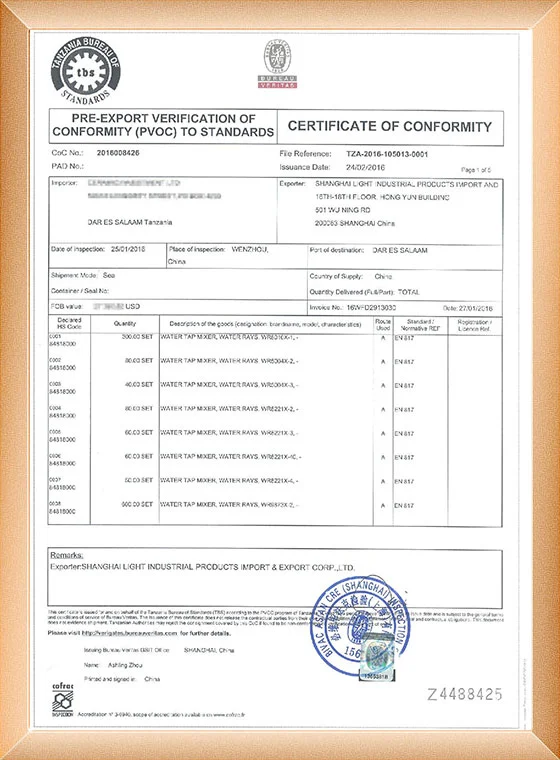 Kingsdom PVoC certificate of conformity for export products